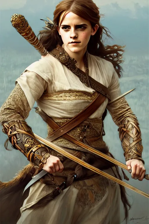 Prompt: Emma Watson as an Viking warrior, fantasy, intricate, elegant, highly detailed, digital painting, artstation, concept art, smooth, sharp focus, illustration, art by alphonse mucha