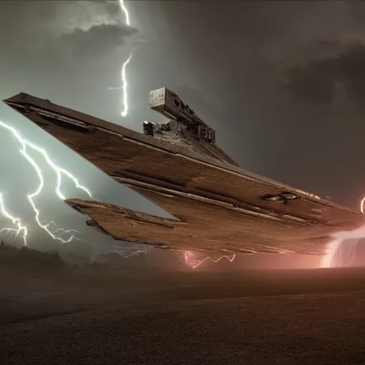 Image similar to a star destroyer being pulled in half by an evil yoda covered in force lightning, cinematic lighting, ultra realistic, 8 k,