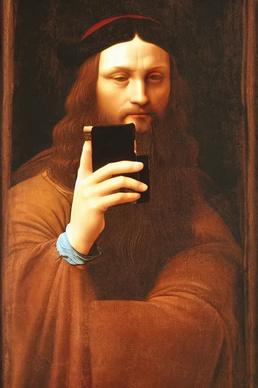 Image similar to leonardo da vinci taking a selfie, oil painting, digital art, photorealism