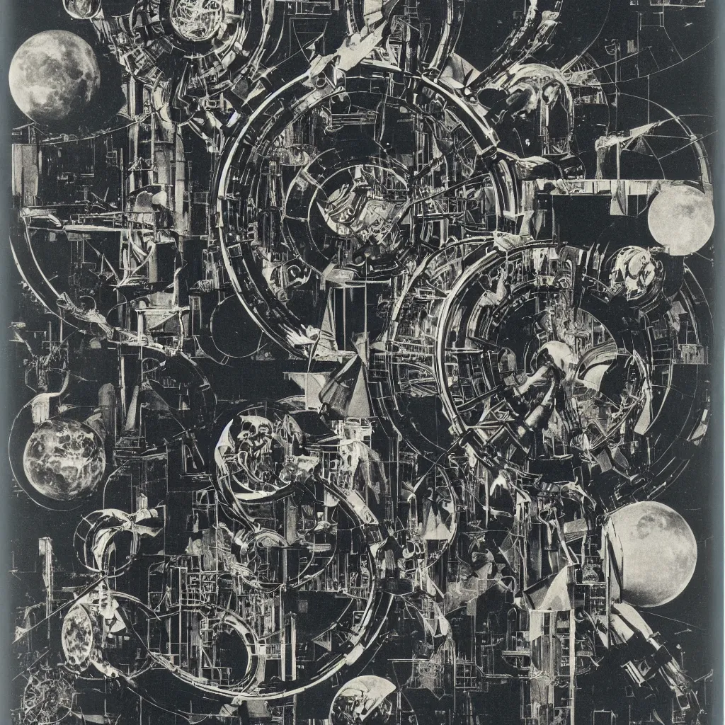 Prompt: 1970 magazine cut out collage of steam punk machinery for space exploration, max ernst, 35 mm graflex,