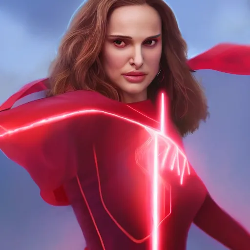 Prompt: Natalie Portman as scarlet witch from MCU, highly detailed, artstation, 8K HDR, sunset.