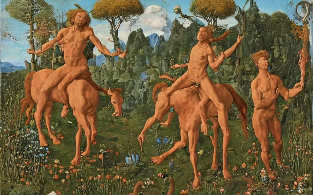 Image similar to a portrait photograph of a meditating satyr and a centaur monk riding a rocket machine and hunting at a river delta. surrounded by bulbous flowers and trees. mountain range under a blue sky of fiery stars. by jan van eyck, max ernst, ernst haeckel, ernst fuchs and artgerm, cgsociety, fashion editorial, 8 k