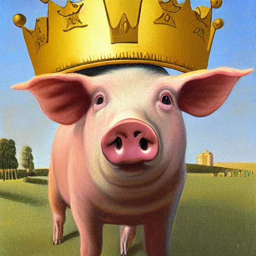 Prompt: a painting of pig wearing a gold crown, by Grant Wood