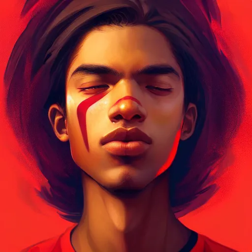 Prompt: colorful and festive captivating teenager with straight brown hair covering his eye, dark skin, big lips, wearing a red t - shirt. rich vivid colors, ambient lighting, dynamic lighting, 4 k, atmospheric lighting, painted, intricate, highly detailed by charlie bowater