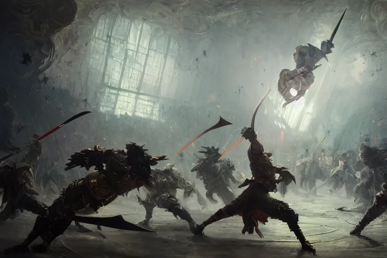 Image similar to painting of people tripping over swords in an arena, digital painting, volumetric light, intricate, sharp, focus, bloom, illustration, highly detailed, concept art, matte, ruan jia, randy vargas, greg rutkowski