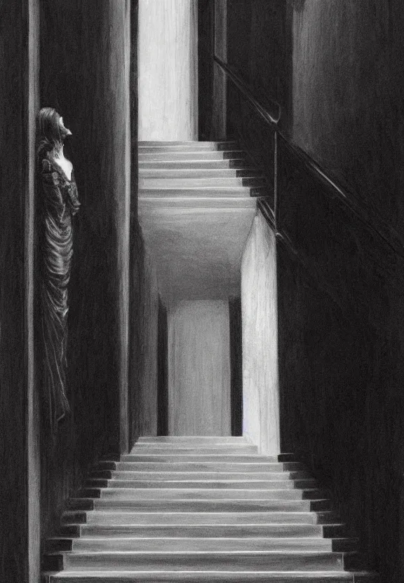 Prompt: a figure shrouded in a long pitch black gown descending a white grand staircase, photorealism, hypperealism, harsh lighting, hyperrealism, dramatic lighting, serious, gloomy, forboding