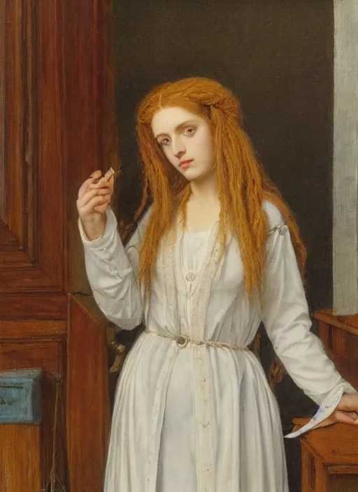 Prompt: Pre-Raphaelite Beautiful young female doctor with blond dreadlocks in a medical doctors gown