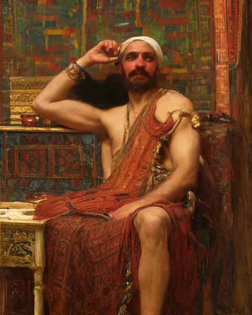 Image similar to a an exhausted artist in his studio orientalist intricate portrait by john william waterhouse and edwin longsden long and theodore ralli and nasreddine dinet, oil on canvas. cinematic, hyper realism, dramatic lighting, high detail 8 k