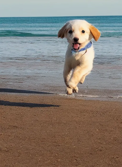 Prompt: puppy running on the beach