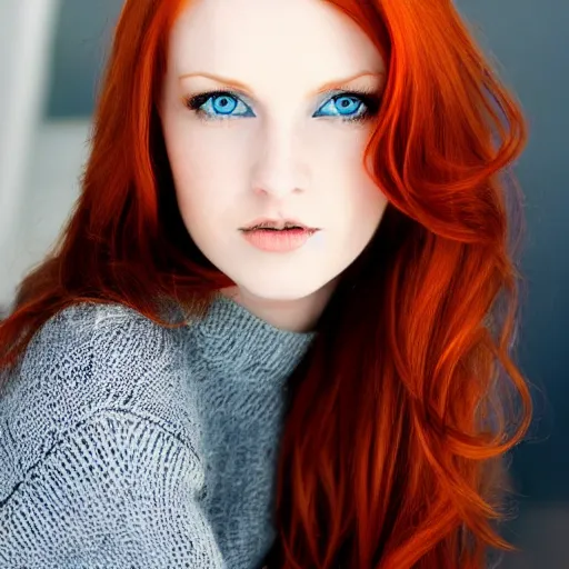 Prompt: redhead beautiful woman with blue eyes