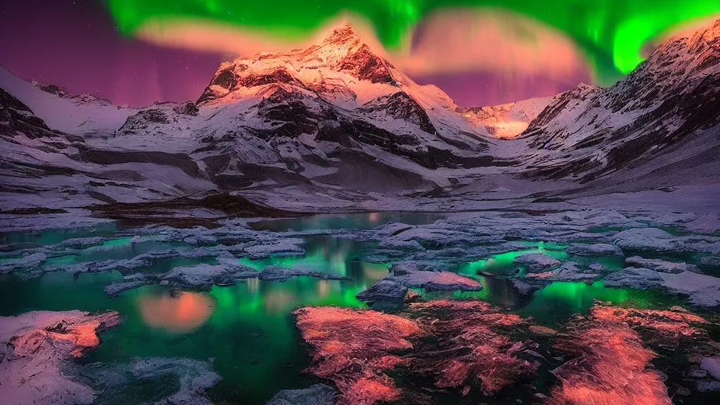 Image similar to amazing landscape photo of aurora lights with lake in sunset by marc adamus, beautiful dramatic lighting