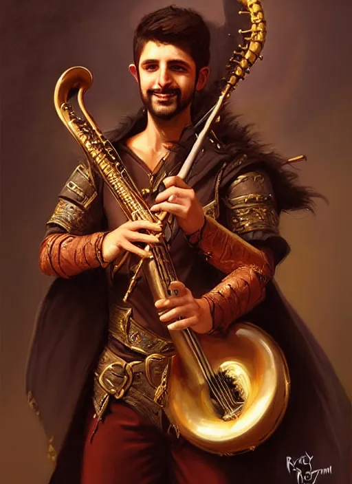 Image similar to a _ fantasy _ style _ portrait _ painting _ of pasific male charismatic bard playing instrument, rpg dnd oil _ painting _ unreal _ 5 _ daz. _ rpg _ portrait _ extremely _ detailed _ artgerm _ greg _ rutkowski _ greg
