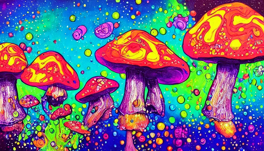 Image similar to trippy mushrooms, sweet dreams, painting on canvas, watedrops, water droplets, acrylic painting, acrylic pouring, painting, influencer, artstation - h 8 0 0