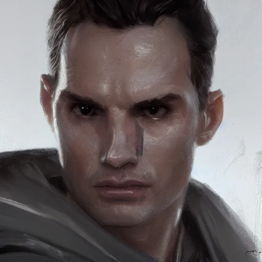 Image similar to portrait of a man by greg rutkowski, jedi knight, he looks like sam witwer, very short hair, wearing gray jedi robes, star wars expanded universe, he is about 2 0 years old, highly detailed portrait, digital painting, artstation, concept art, smooth, sharp foccus ilustration, artstation hq