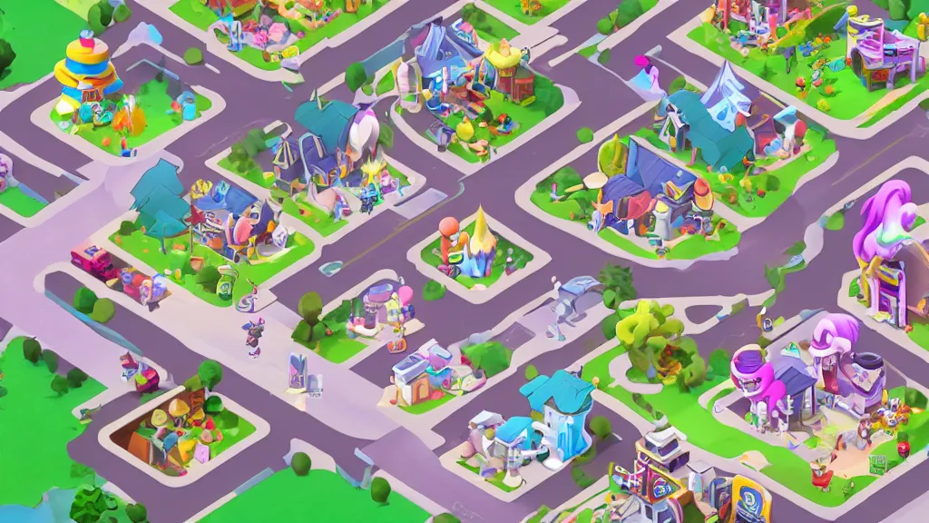 Prompt: Isometric view of Ponyville, screenshot from Hasbro's newest mobile game based on My Little Pony: Friendship is Magic