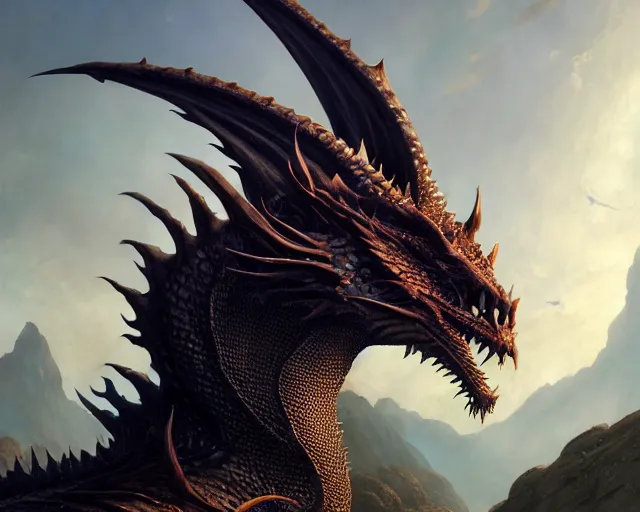 Prompt: highly detailed portrait of a fantasy dragon, in dragon ’ s dogma : dark arisen, stephen bliss, unreal engine, fantasy art by greg rutkowski, loish, rhads, ferdinand knab, makoto shinkai and lois van baarle, ilya kuvshinov, rossdraws, tom bagshaw, global illumination, radiant light, detailed and intricate environment