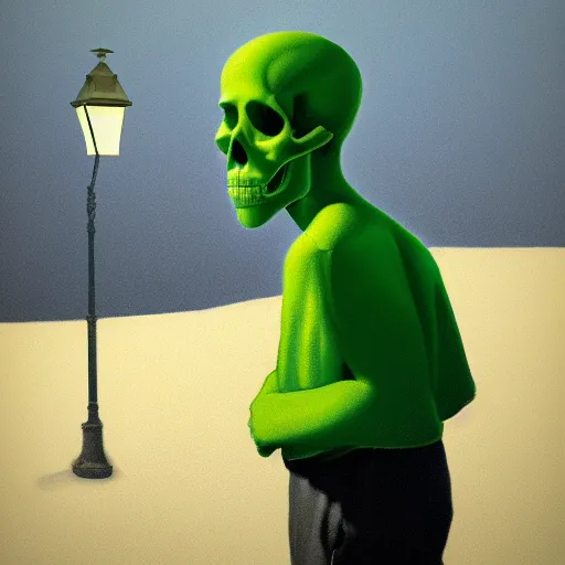 Image similar to a portrait of a lonely man with a skull as his head, green dramatic and cinematic light from the streetlight, the background is the sky full of stars, in the style of edward hopper, 4 k,