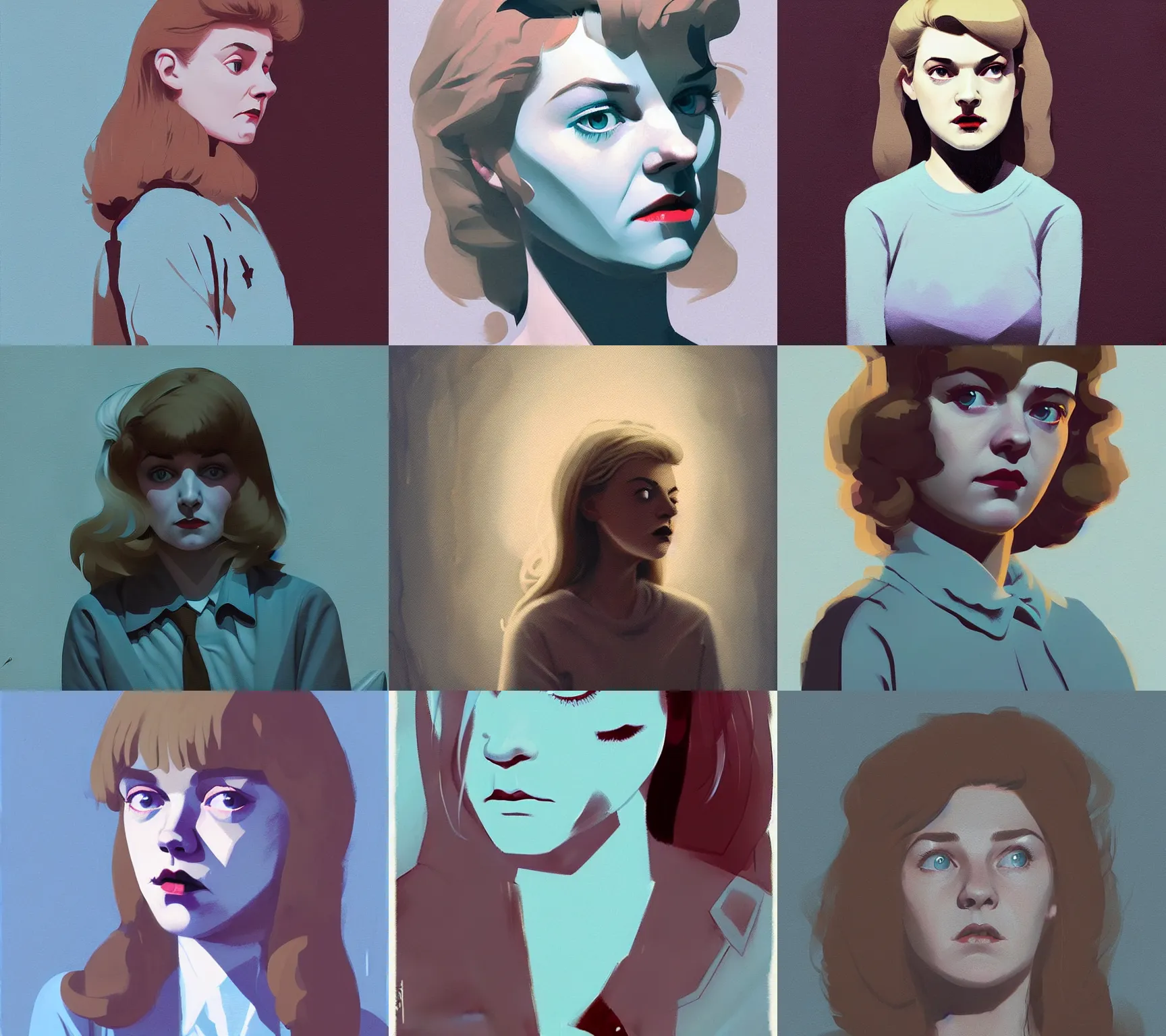 Prompt: young laura palmer in twin peaks, lynchian, by atey ghailan, by greg rutkowski, by greg tocchini, by james gilleard, by joe fenton, by kaethe butcher, by ive freya, by ashley wood, dynamic lighting, gradient light blue, brown, blonde cream and white color scheme, grunge aesthetic