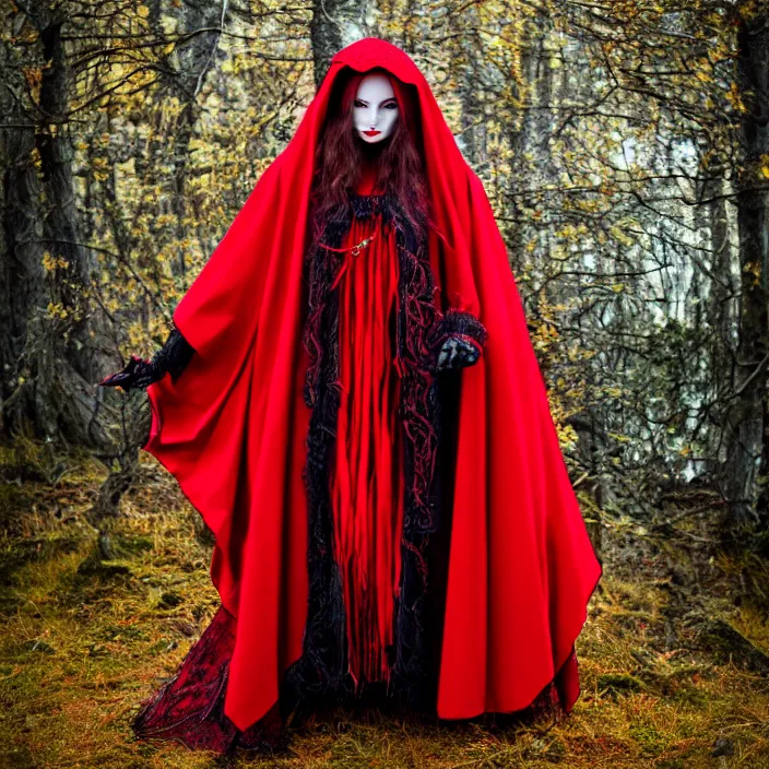 Image similar to photograph of a real-life beautiful red witch with intricate cloak. Extremely detailed. 8k