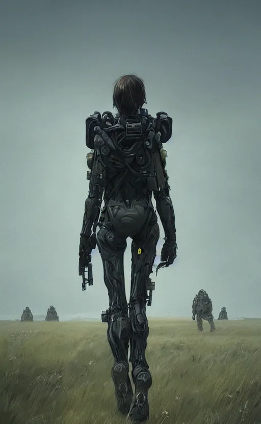 Image similar to death stranding landscape, anatomically correct human female figure wearing tactical gear in field facing forward, cinematic lighting, dark shadows, hyper detailed, digital painting by greg rutkowski and simon stalenhag, artstation, cgsociety, intricate, concept art