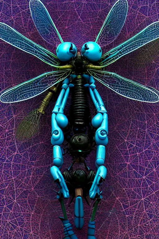 Prompt: a macro photograph of a pixar bio - mech cyborg dragonfly surrounded by sacred geometry by adam gor, by javier ruperez, by ellen jewett, 8 k