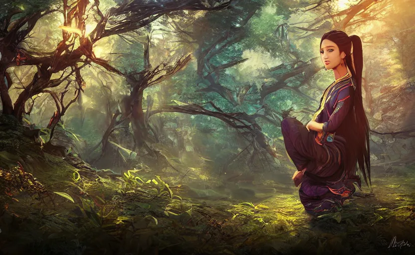 Image similar to beautiful Himalayan woman, sci-fi tibetan fashion, brown very very long hair, somber, scene of a summer forest with glowing blue lillies, dramatic light, wide angle, dramatic pose, dramatic angle , 8k hdr pixiv by Makoto Shinkai and Wojtek Fus