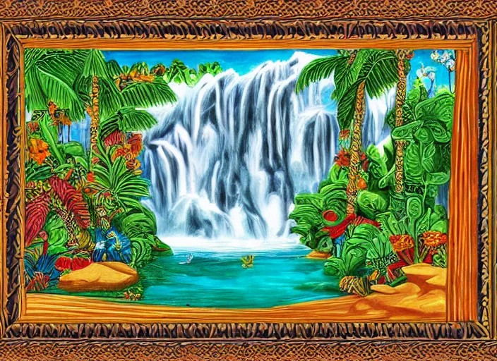 Prompt: colorized stylized bas relief sculpture of a tropical paradise with a waterfall and a detailed ornate frame in mexico folk art style