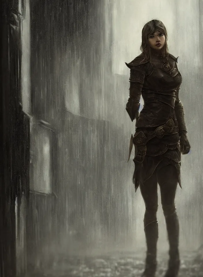 Prompt: a closeup portrait of an young woman from skyrim standing in an alleyway whilst raining, fantasy setting, city environment, serene colors, soft lighting, atmospheric, cinematic, moody, in the style of diego koi, gina heyer, luiz escanuela, art by alyssa monk, depth, hyperrealism, rule of thirds, golden ratio, oil on canvas, 8 k