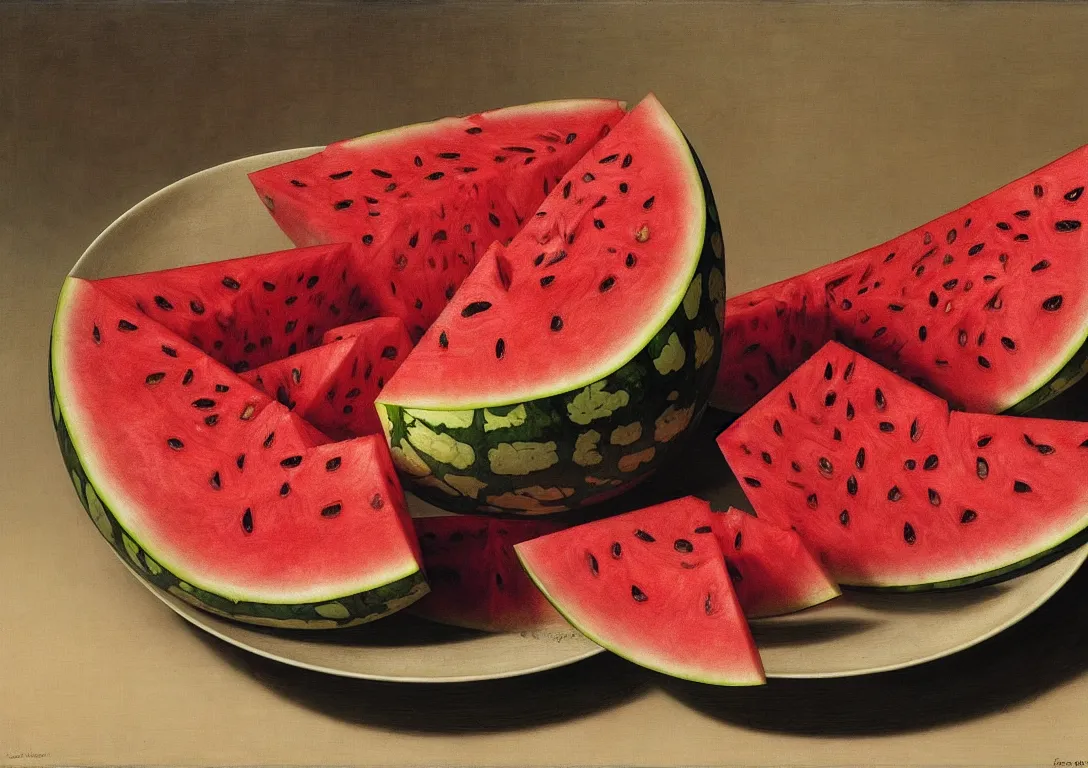 Image similar to a plate full of sliced watermelon in the style of wayne barlowe, gustav moreau, goward, bussiere, roberto ferri, santiago caruso, luis ricardo falero, frazetta