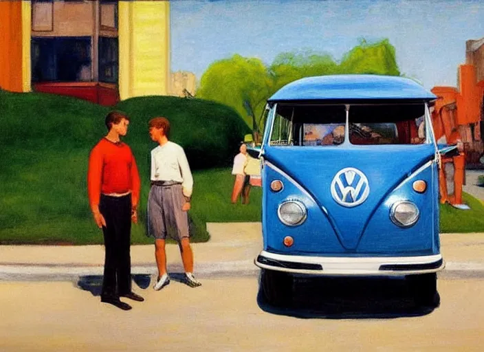 Image similar to painting, two young men and women near blue vw bus, by edward hopper, bernardo bertolucci dreamers movie scene