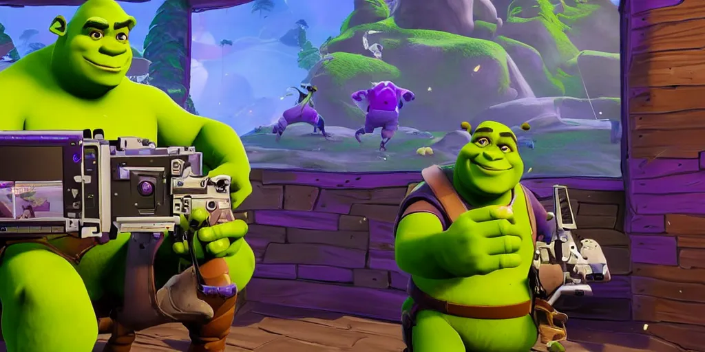 Prompt: Shrek playing Fortnite in the backrooms