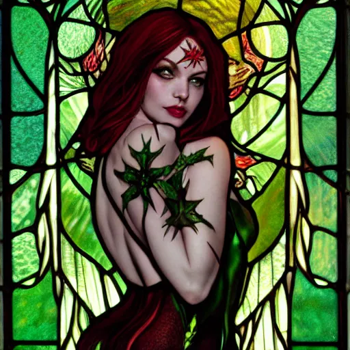 Prompt: a beautiful and detailed stained glass window of an amazing succubus dressed as poison ivy with green skin, fantasy, d & d, dark eyeliner, intricate, elegant, highly detailed, digital painting, artstation, concept art, matte, sharp focus, illustration, art by greg rutkowski and alphonse mucha