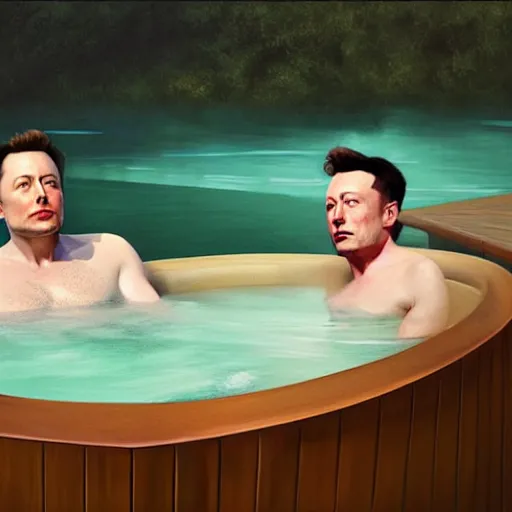 Prompt: UHD photorealistic Elon Musk and Dagon in a hot tub, in the style of tonalism by Greg Rutkowski, trending on Artstation, hyperrealistic, correct details, symmetrical faces