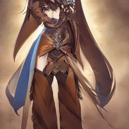 Image similar to “A detailed stunning and beautiful anime woman with brown flowing hair, long blue-cape, decorative leather armor, great proportions, excellent detail, surrounded by a catacomb of books, high quality, Full-body character portrait, trending on artstation, by rossdraws”