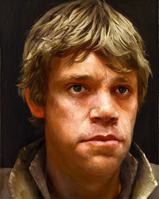 Image similar to painterly portrait, luke skywalker, impasto, fantasy, chuck close:7, carl spitzweg:7, cinematic light, full face, symmetrical face