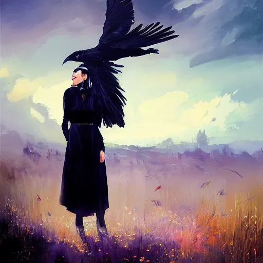 Image similar to morning, a woman in a black dress with a raven head. no face. sun, cinematic, clouds, vogue cover style, contracting colors mood, realistic painting, intricate oil painting, high detail, figurative art, poster art, by simon bisley, ismail inceoglu, wadim kashin, filip hodas. pixar theme.