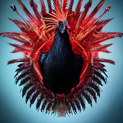 Prompt: magical Black Chicken close-up portrait, perched on intricate throne, imax camera, red 8k camera, spot light, ancient high tech, cyberpunk, dystopian, royal black chicken with red comb, divine feathered wings, burning halo, intricate artwork by Tooth Wu and Wlop and Beeple, Greg Rutkowski, James Gilleard, very coherent symmetrical artwork, golden ratio, cinematic, hyper realism, high detail, octane render, unreal engine, 8k, Vibrant colors, Smooth gradients, High contrast, depth of field, aperture f1.2