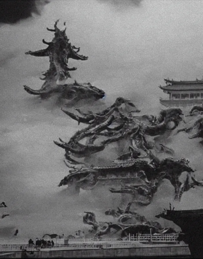 Image similar to a filmstill of a north korean monster movie, kaiju - eiga monster with starfish - arms trampling a traditional korean palace, foggy, film noir, epic battle, etheral, explosions, communist propaganda, communist epic thriller, by kim jong - il and akira kurosawa and tim burton, video compression