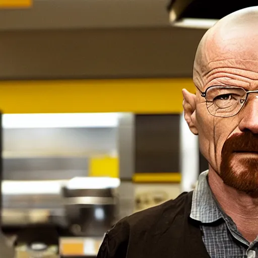 Image similar to Walter White working behind the counter at McDonald’s real photo, highly detailed