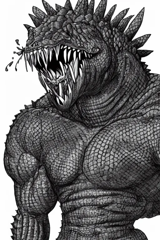 Image similar to portrait of a muscular crocodile man barbarian, furry art, fursona, anthro, detailed scales, akira toriyama