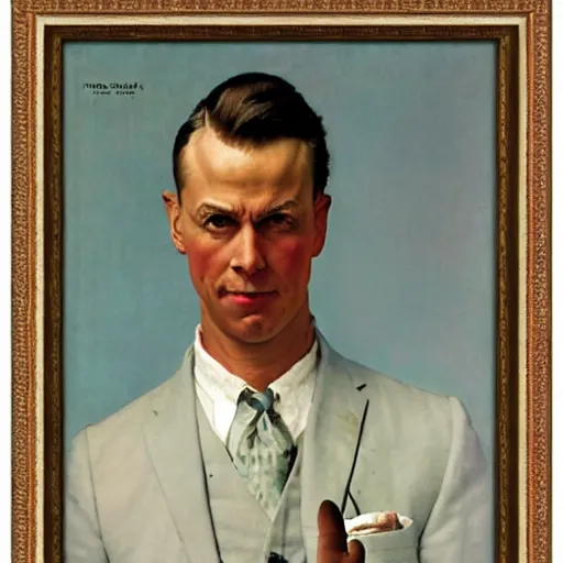 Prompt: Front portrait of a dashing man throwing gang signs. Painting by Norman Rockwell.