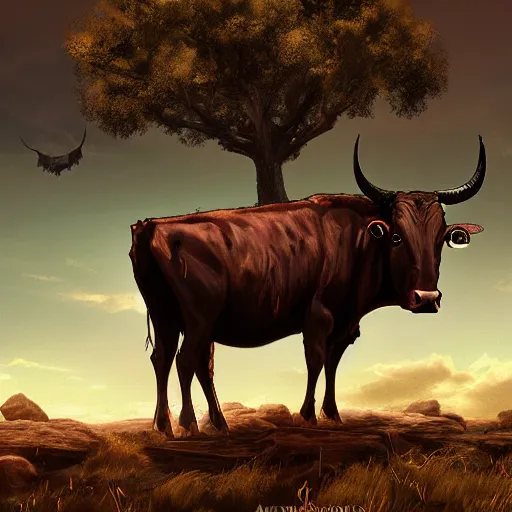 Prompt: A herd of demon-cattle riding through the sky while a cowboy sits under a tree at night digital art, trending on artstation