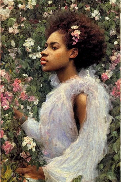 Image similar to close - up fashion afro woman portrait airy flowers cloudy sky art by vasnetsov