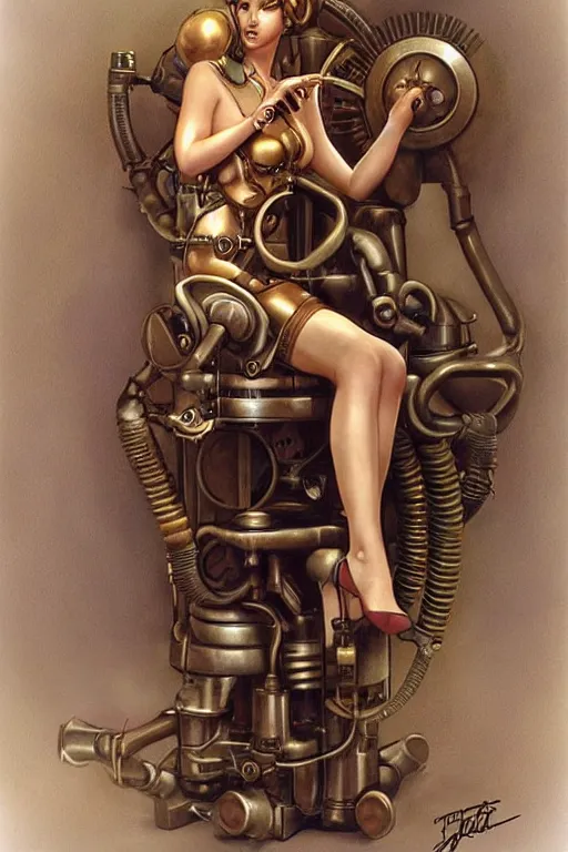 Image similar to retrofuturistic female android tied to a chair, steampunk, gears, detailed mechanical parts, painting by artgerm julie bell Jean Delville