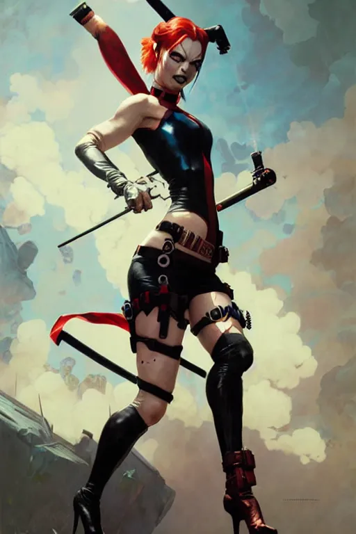 Image similar to aeon flux as Harley quinn profile picture by Greg Rutkowski, dynamic pose, matte painting, intricate, fantasy concept art, elegant, by Stanley Artgerm Lau, WLOP, golden ratio, thomas kindkade, alphonse mucha, loish, Peter chung, norman Rockwell,