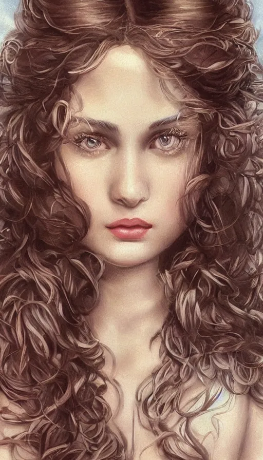 Image similar to portrait of young brunette from 1985, 80s theme, 80s hair, dreamy and ethereal, expressive pose, big brown eyes, peaceful expression, ornate frilly dress, fantasy, intricate, elegant, rose tones, highly detailed, digital painting, artstation, concept art, smooth, sharp focus, illustration, art by artgerm and greg rutkowski and alphonse mucha