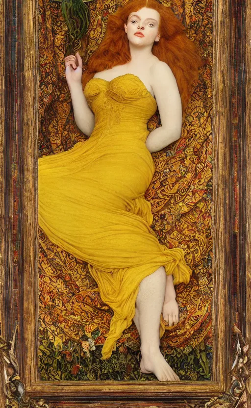 Prompt: preraphaelite full body portrait photography masterpiece hybrid of judy garland and florence welch, reclining, brown hair fringe, yellow ochre ornate medieval dress, kilian eng and william holman hunt, frederic leighton, ford madox brown, william morris, framed, 4 k