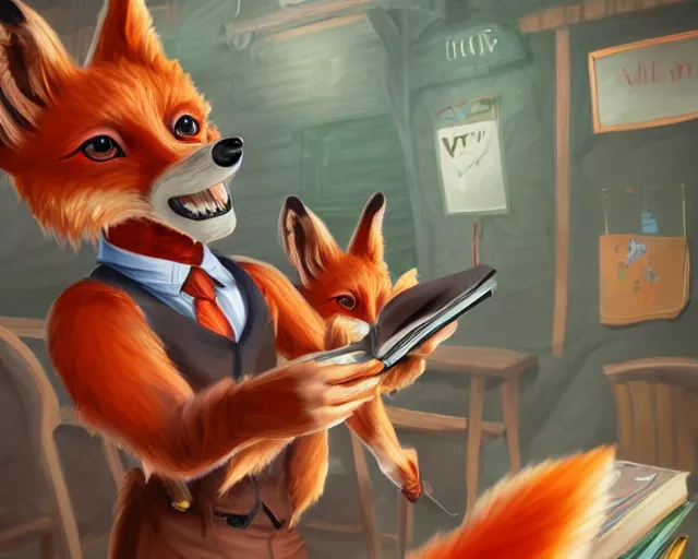 Image similar to award - winning extremely detailed fantasy art of a cute male anthropomorphic vulpes vulpes fulva teacher wearing themed suit working at a school, 4 k