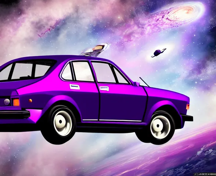 Image similar to purple lada 2 1 0 9 in space in orbit of the planet earth, lada 2 1 0 9 looks like a spaceship, hyper detailed, hight detailed, futuristic, ultra realistic, no blur, 8 k