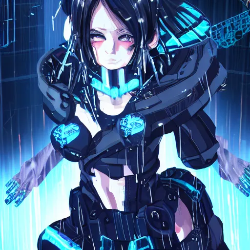 prompthunt: full digital cyberpunk anime!!, shattered cyborg - girl in the  style of arcane!!!, lightning, raining!!, water refractions!!, black long  hair!, biomechanical details, neon background lighting, reflections, wlop,  ilya kuvshinov, artgerm